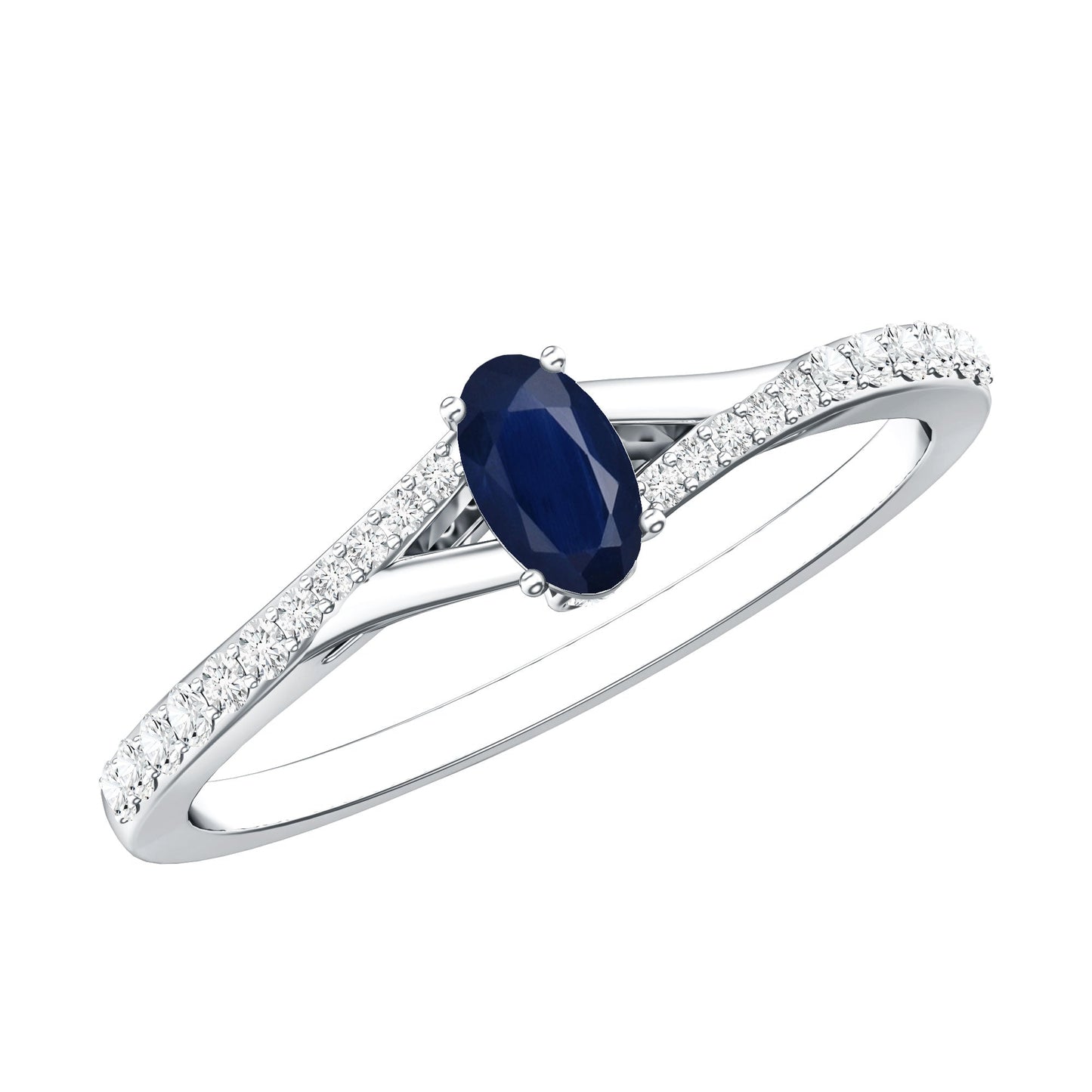 Anillo de compromiso minimalista con zafiro azul natural de 0,6 quilates y banda dividida con diamantes