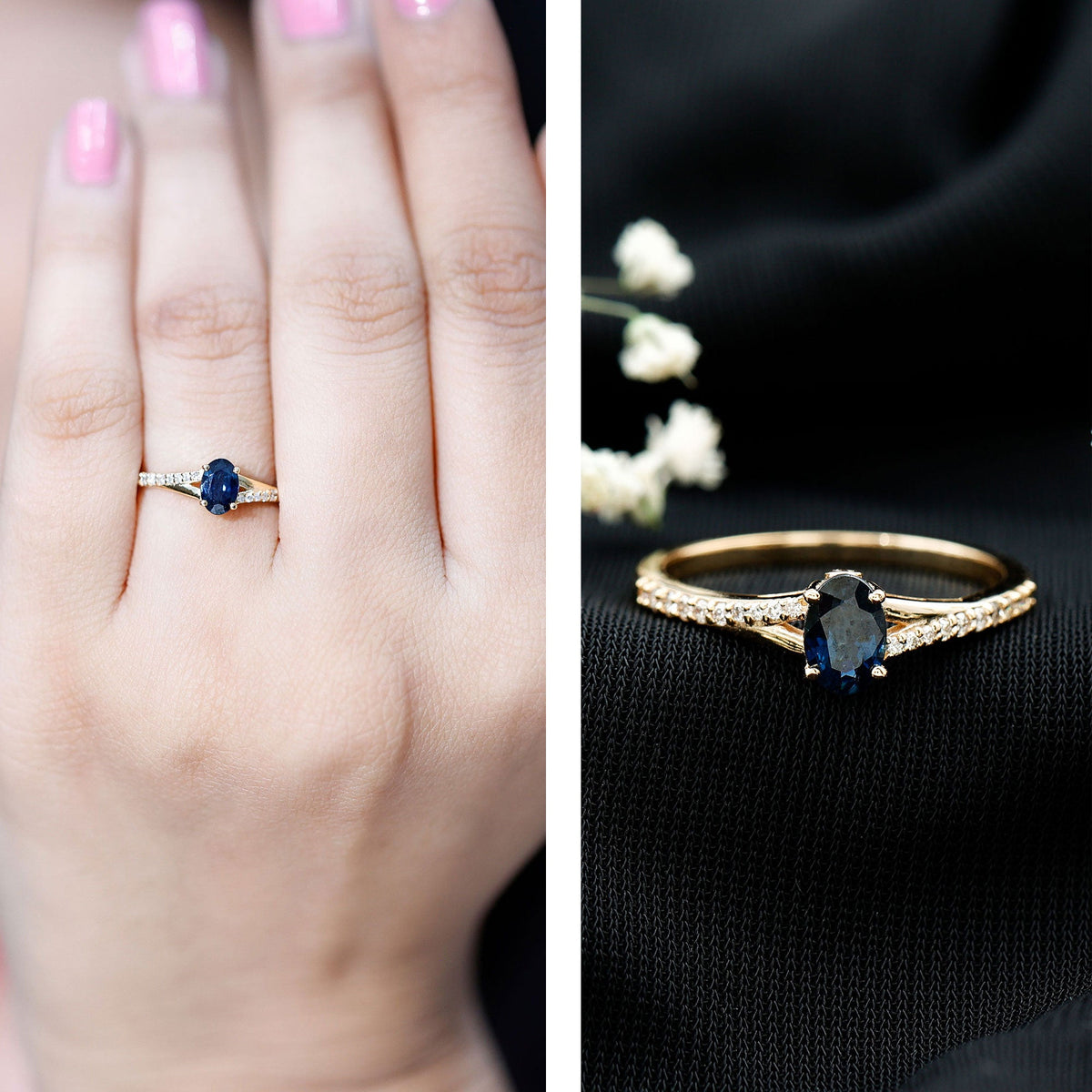 Anillo de compromiso minimalista con zafiro azul natural de 0,6 quilates y banda dividida con diamantes