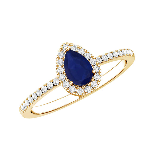 Anillo de compromiso de zafiro azul natural de medio quilate con forma de lágrima y halo de diamantes