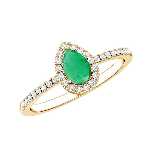 Anillo de compromiso de esmeralda talla pera de 0,3 quilates con forma de lágrima y halo de diamantes