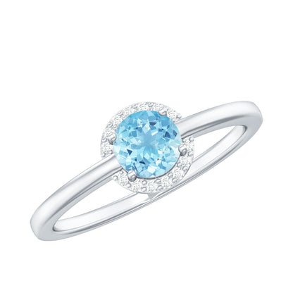 Anillo de Promesa de Aguamarina Real Certificada con Halo de Diamantes