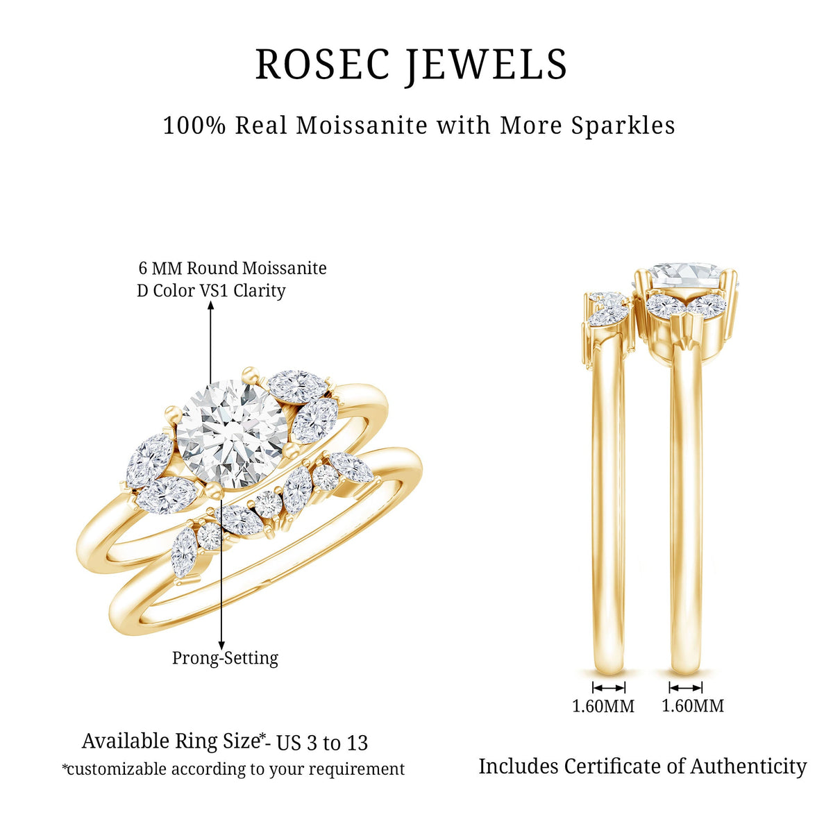 Round Cut Moissanite Bridal Ring Set with Certificate