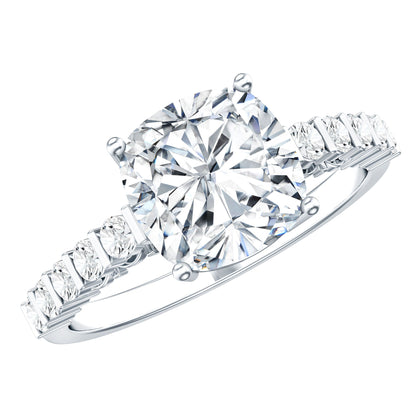 Solitaire Moissanite Cushion Cut Engagement Ring with Side Stones
