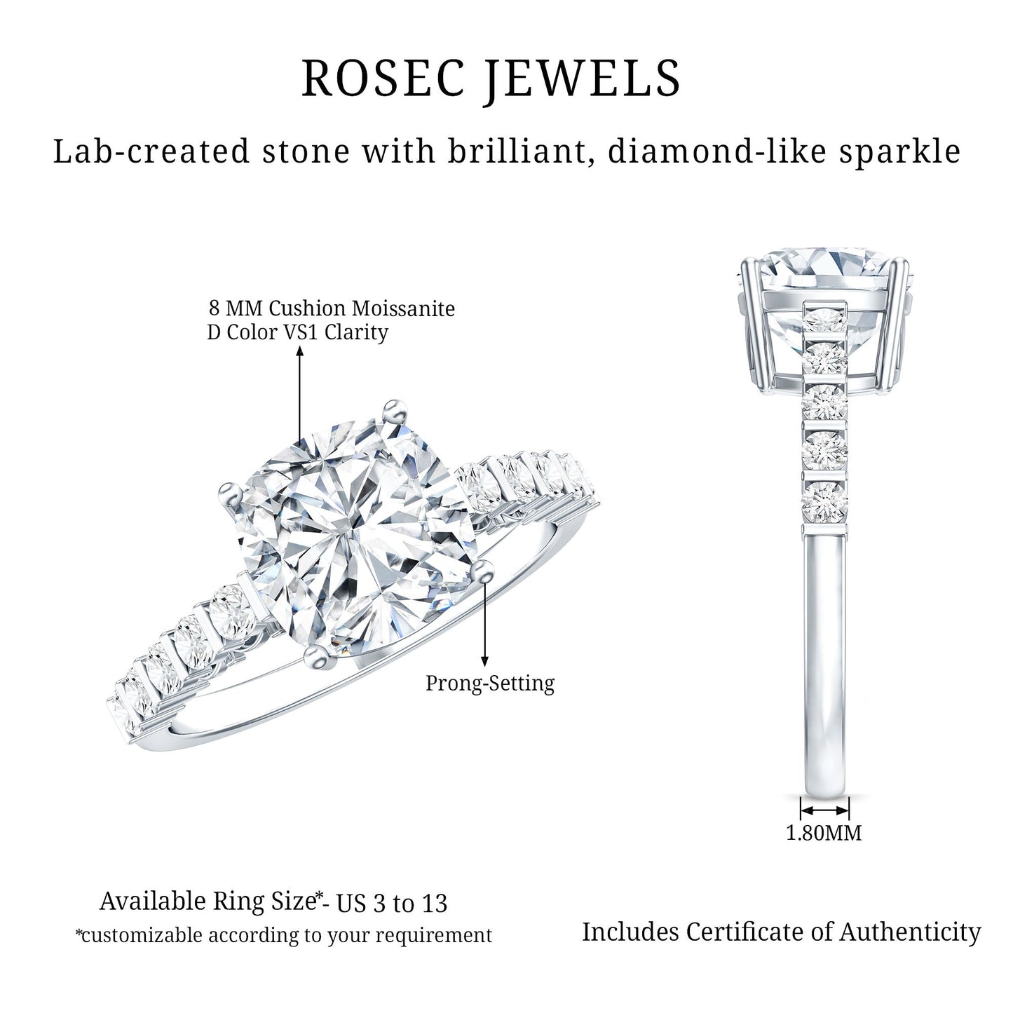 Solitaire Moissanite Cushion Cut Engagement Ring with Side Stones