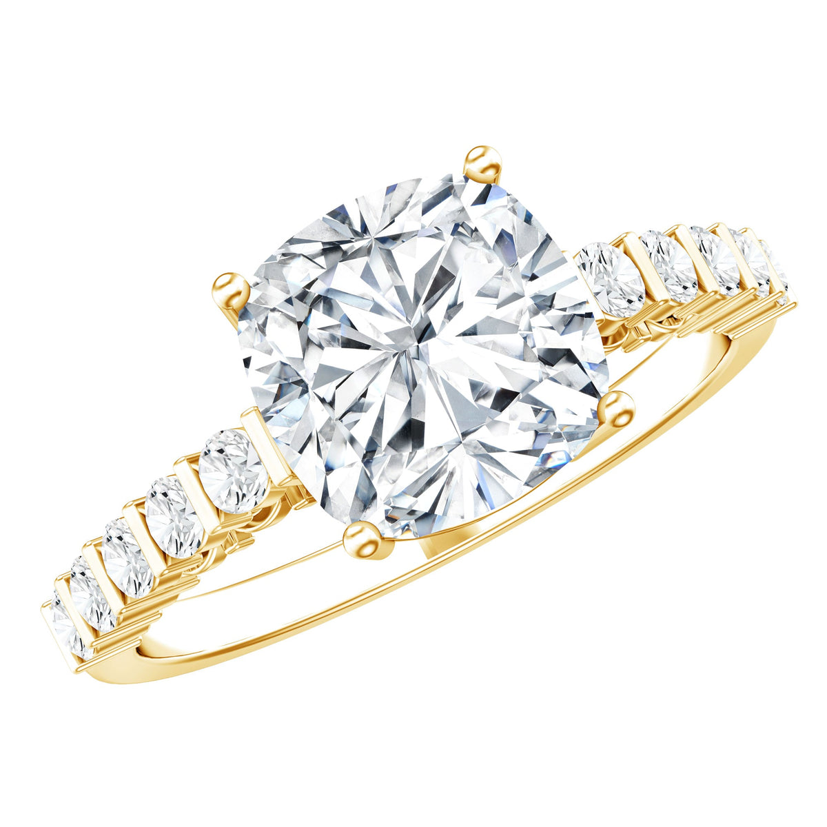 Solitaire Moissanite Cushion Cut Engagement Ring with Side Stones