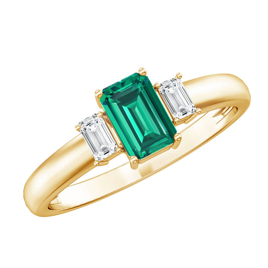 Anillo de promesa de tres piedras esmeralda y diamante talla esmeralda para ella