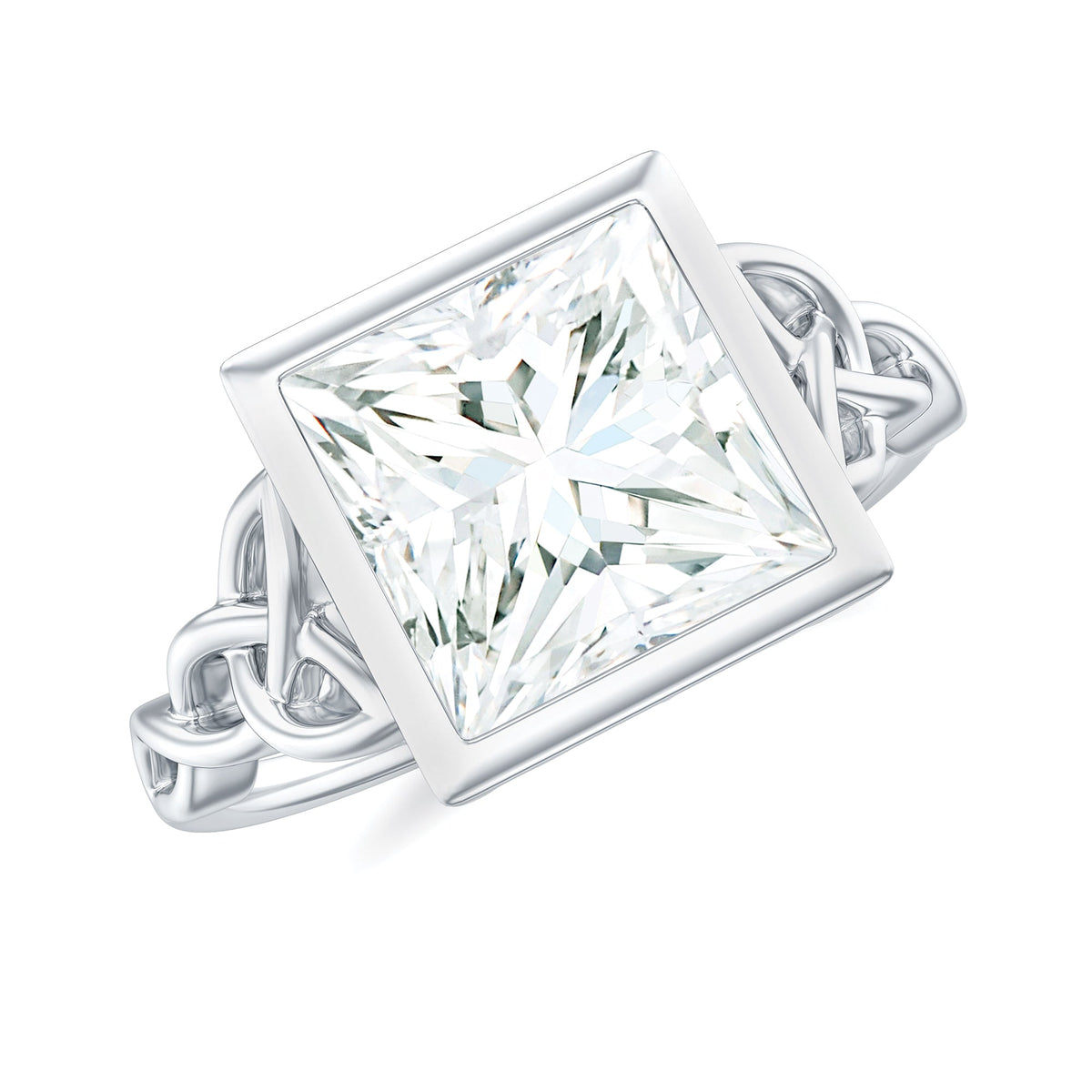 Anillo de compromiso celta de moissanita con corte princesa y engaste de bisel