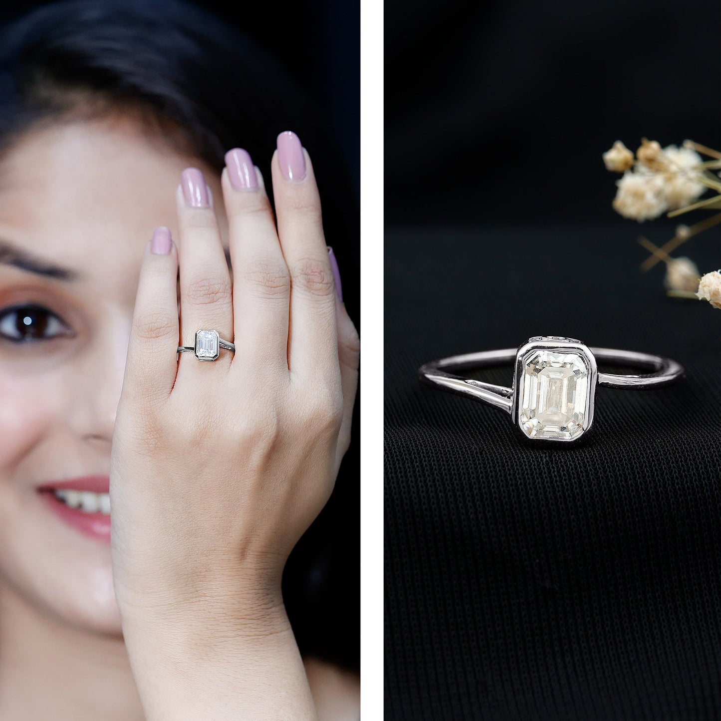 Anillo de compromiso de moissanita con corte esmeralda de 1.8 para mujer