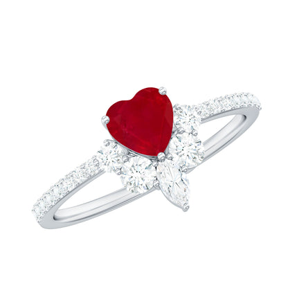 Anillo de Promesa de Corazón de Rubí Natural de 0,6 Quilates con Diamantes para Mujer