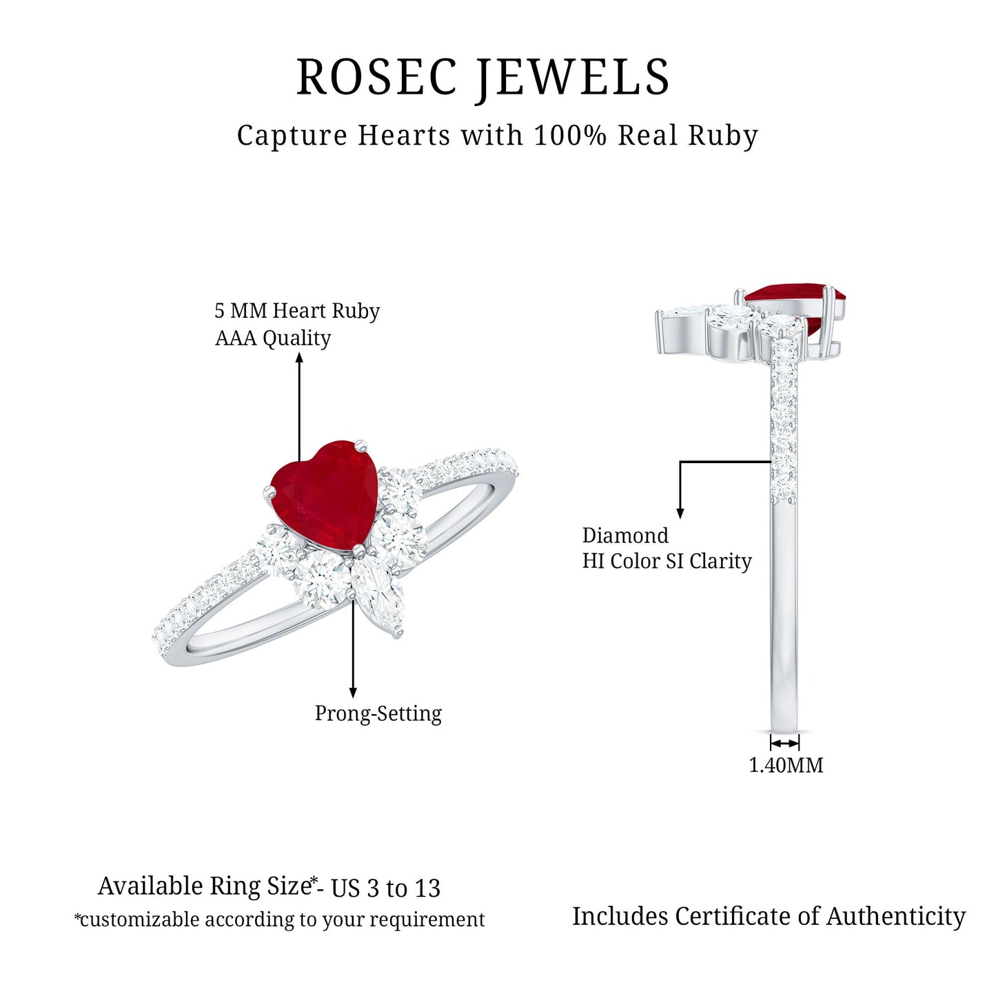 Anillo de Promesa de Corazón de Rubí Natural de 0,6 Quilates con Diamantes para Mujer