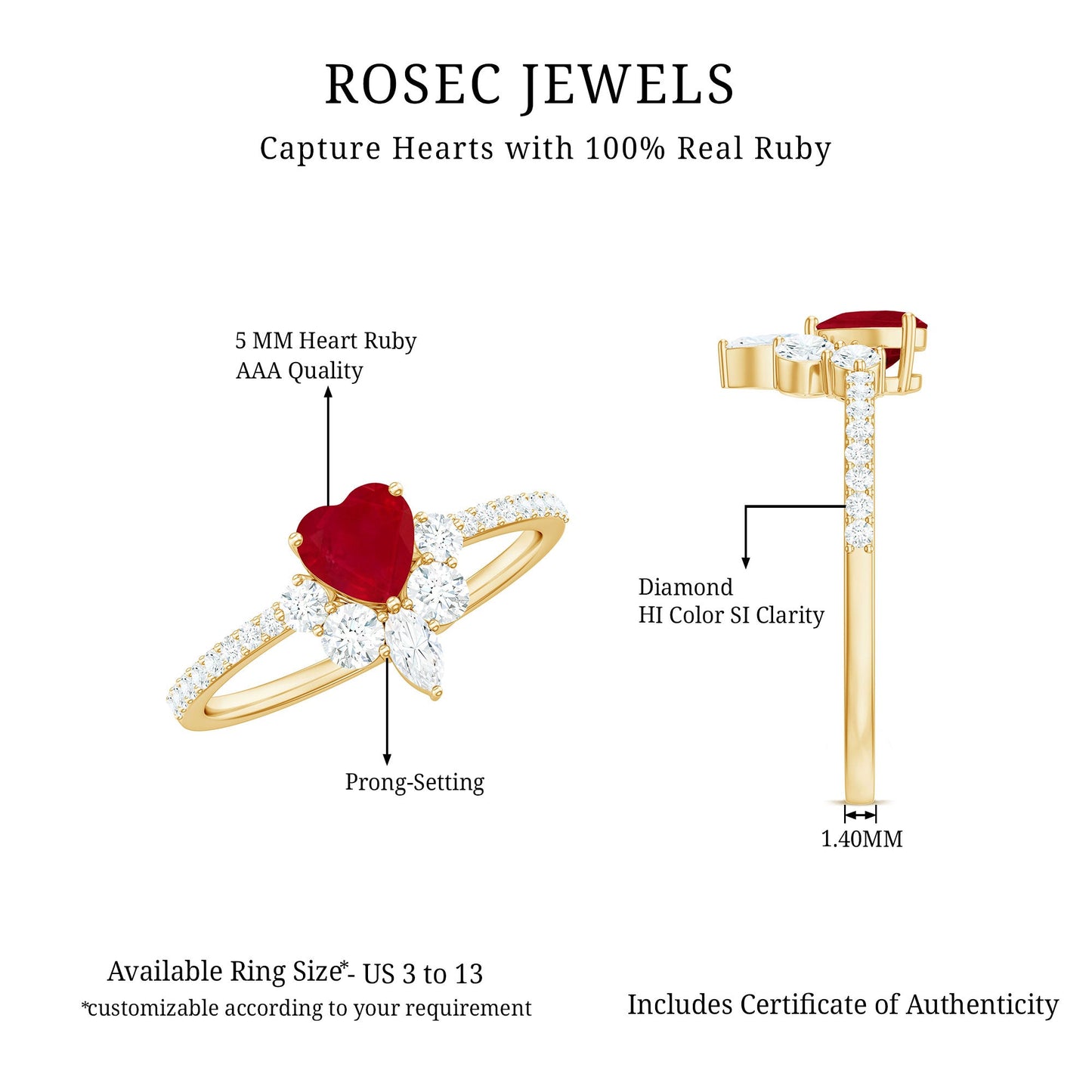 Anillo de Promesa de Corazón de Rubí Natural de 0,6 Quilates con Diamantes para Mujer