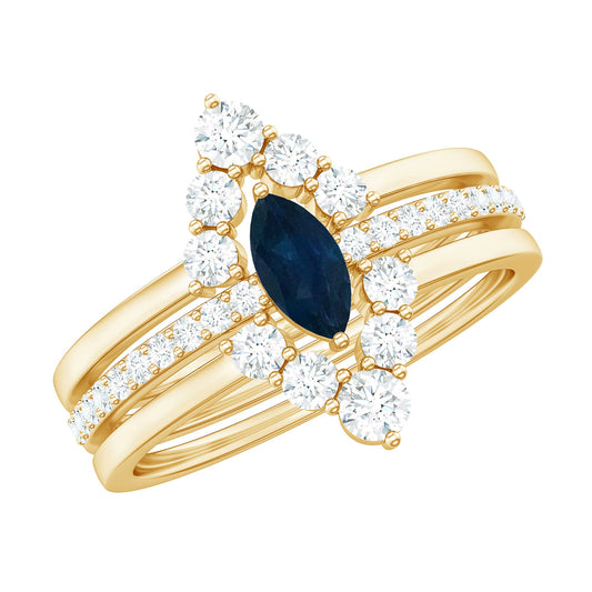 Conjunto de tres anillos apilables de zafiro azul talla marquesa natural y diamantes