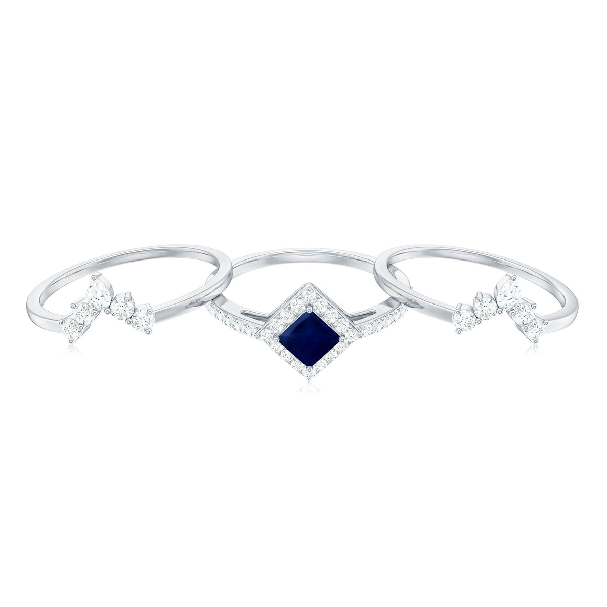 0.4 Carat Princess Cut Blue Sapphire Bridal Ring Set with Moissanite Halo