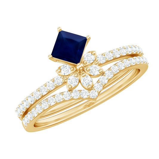 Anillo de boda con diseño de flor de zafiro azul y diamante corte princesa