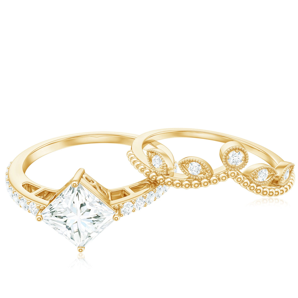 Juego de anillos de novia vintage de moissanita con talla brillante
