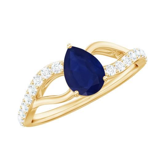 Anillo de compromiso genuino de zafiro azul con forma de pera de 0,5 quilates con brazo partido y certificado