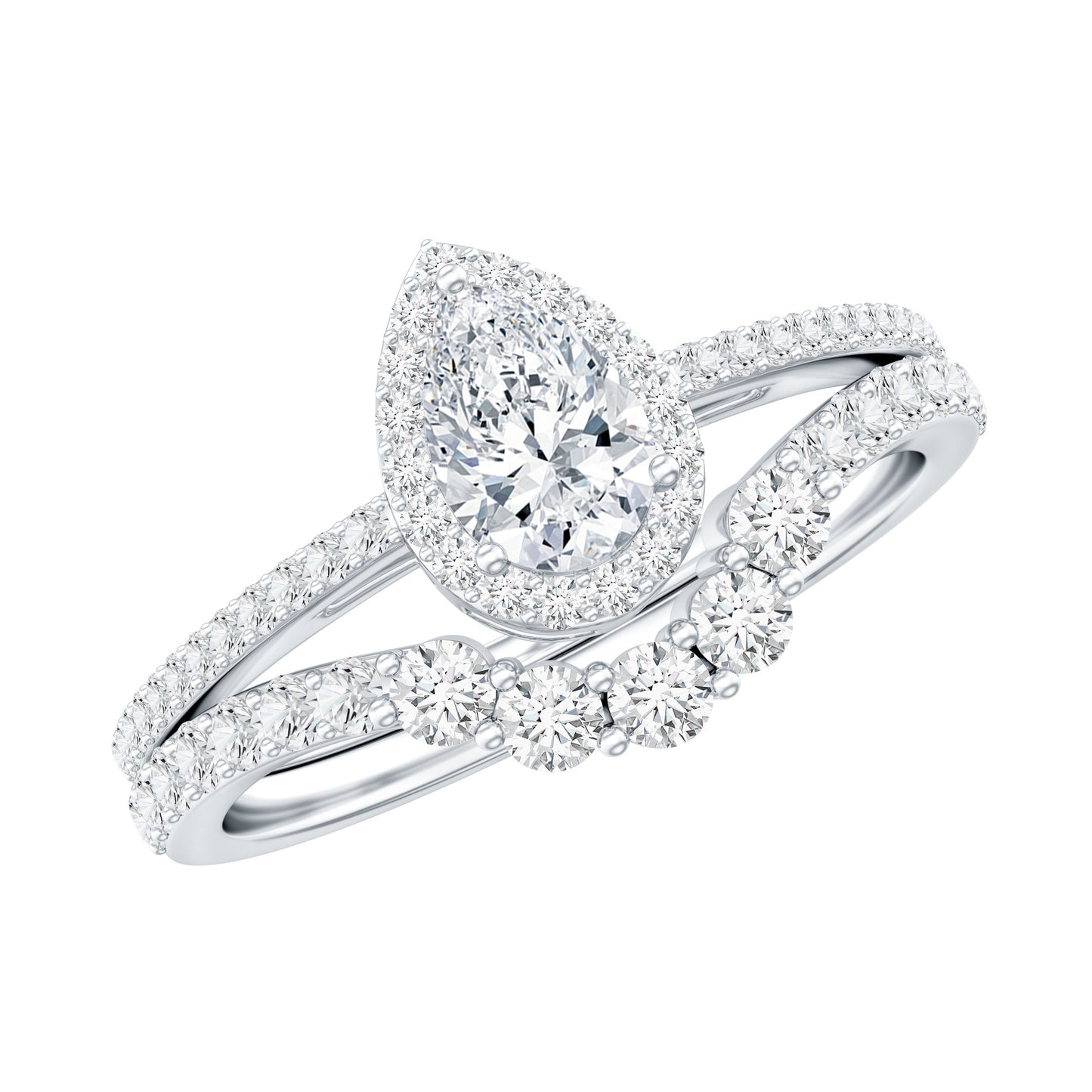 Juego de anillo de novia de moissanita certificado de 0,5 quilates en forma de lágrima con halo