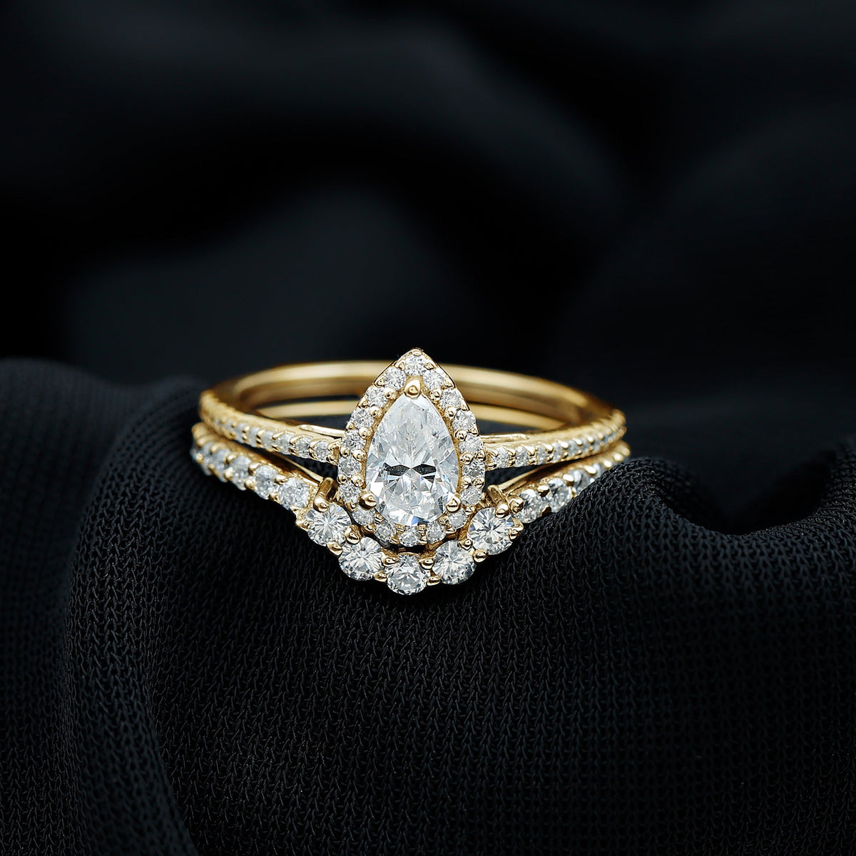 Juego de anillo de novia de moissanita certificado de 0,5 quilates en forma de lágrima con halo