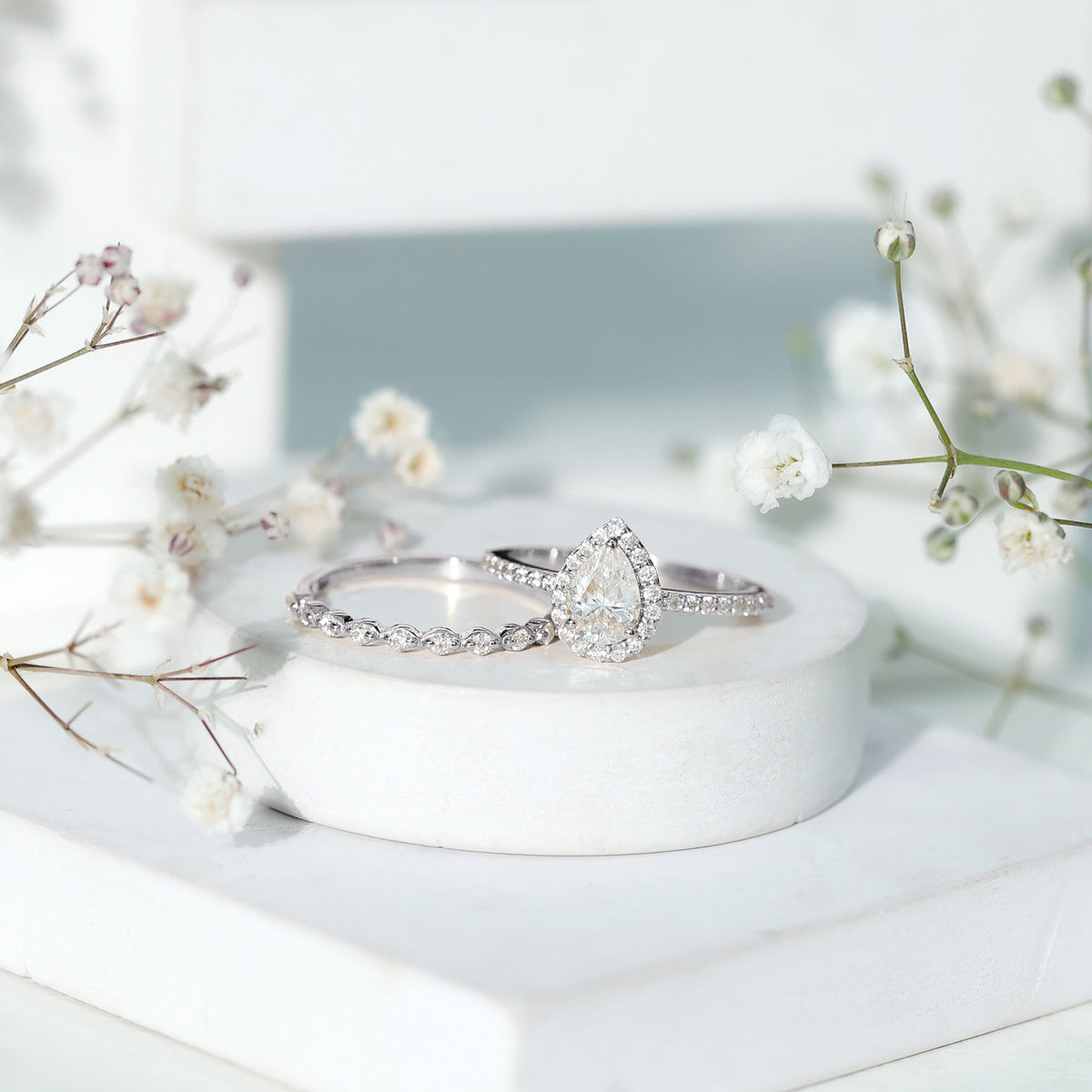 0.7 Carat Moissanite Teardrop Wedding Ring Set with Halo
