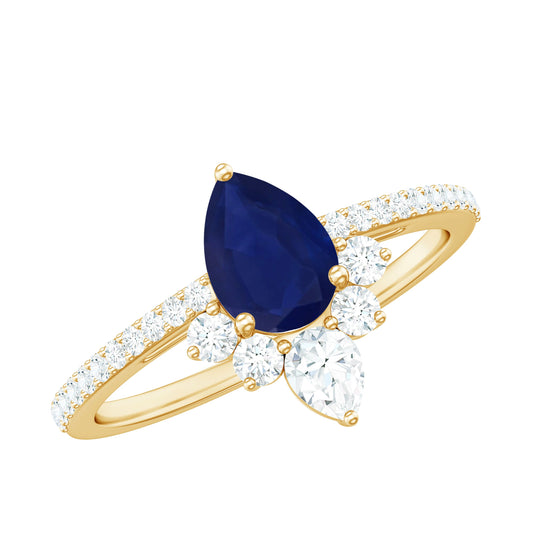 Anillo de compromiso con zafiro azul en forma de pera de 0,5 quilates certificado con corona de diamantes