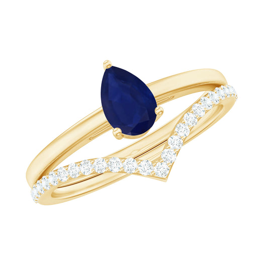 Anillo solitario de zafiro azul talla pera de 0,5 quilates con banda embellecedora de diamantes