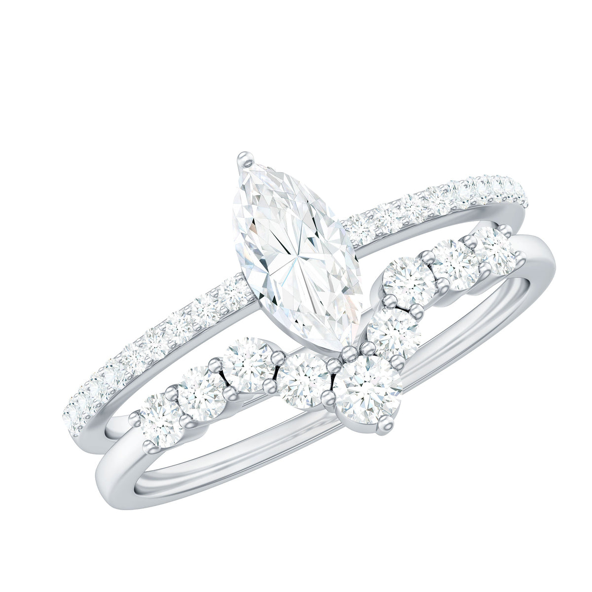 Anillo de compromiso de moissanita talla marquesa con alianza de boda en forma de V