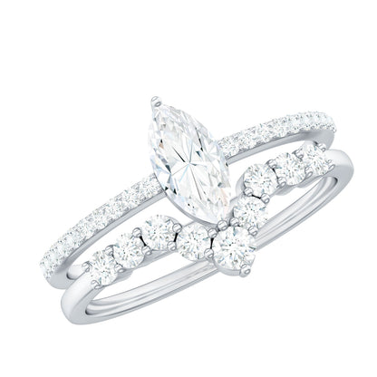 Anillo de compromiso de moissanita talla marquesa con alianza de boda en forma de V