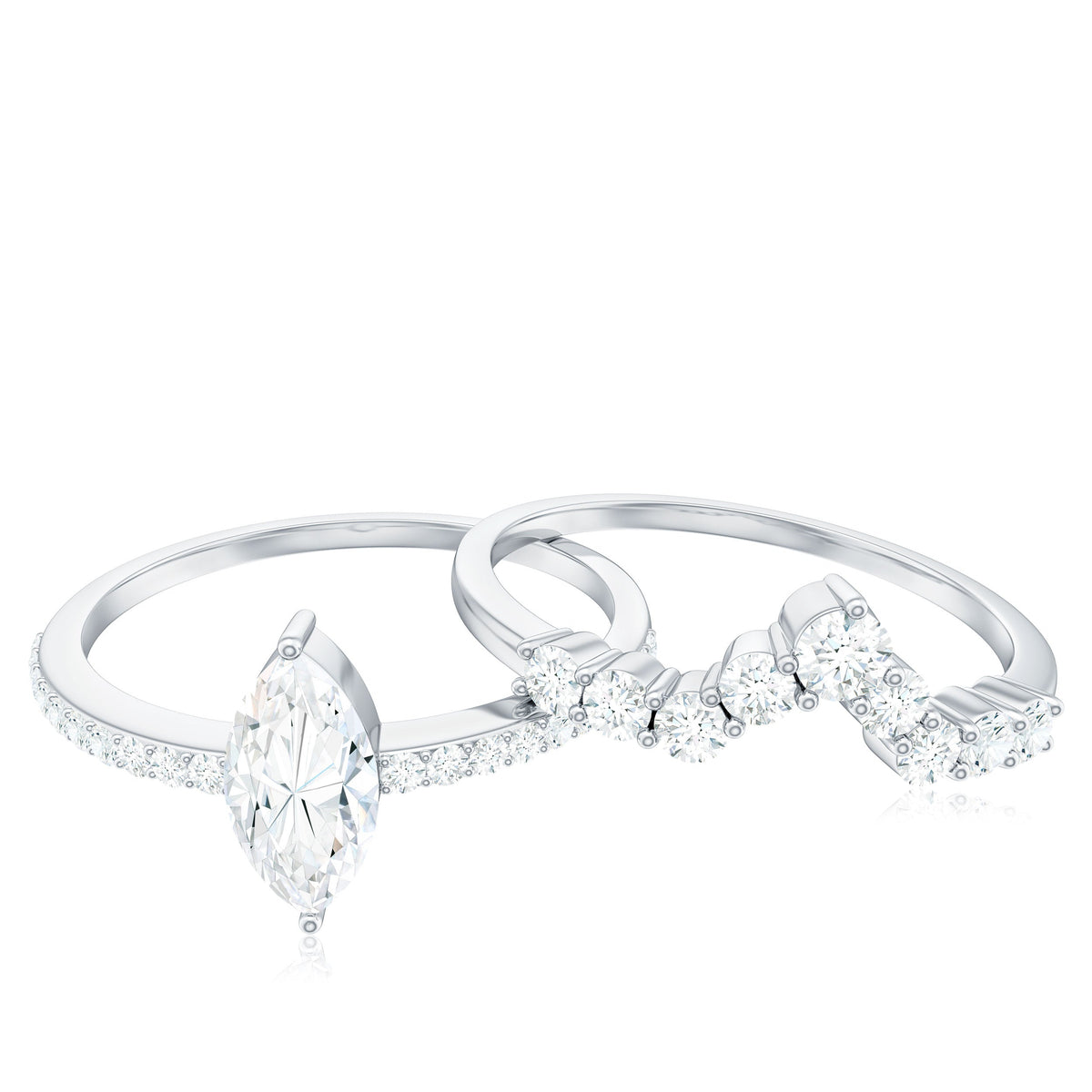 Anillo de compromiso de moissanita talla marquesa con alianza de boda en forma de V