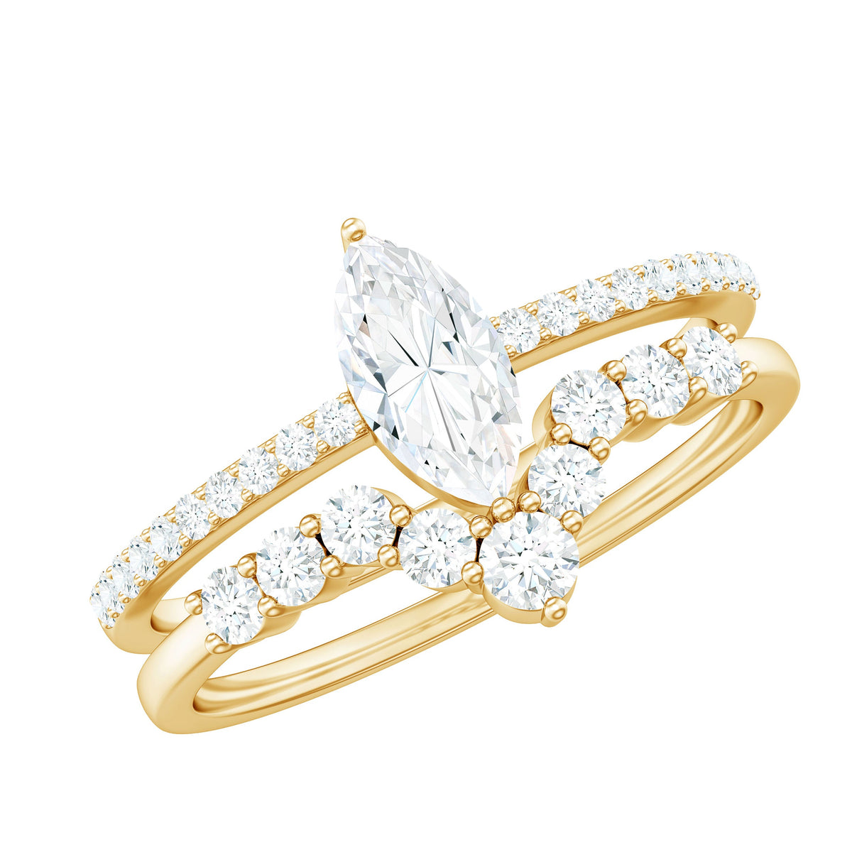 Anillo de compromiso de moissanita talla marquesa con alianza de boda en forma de V