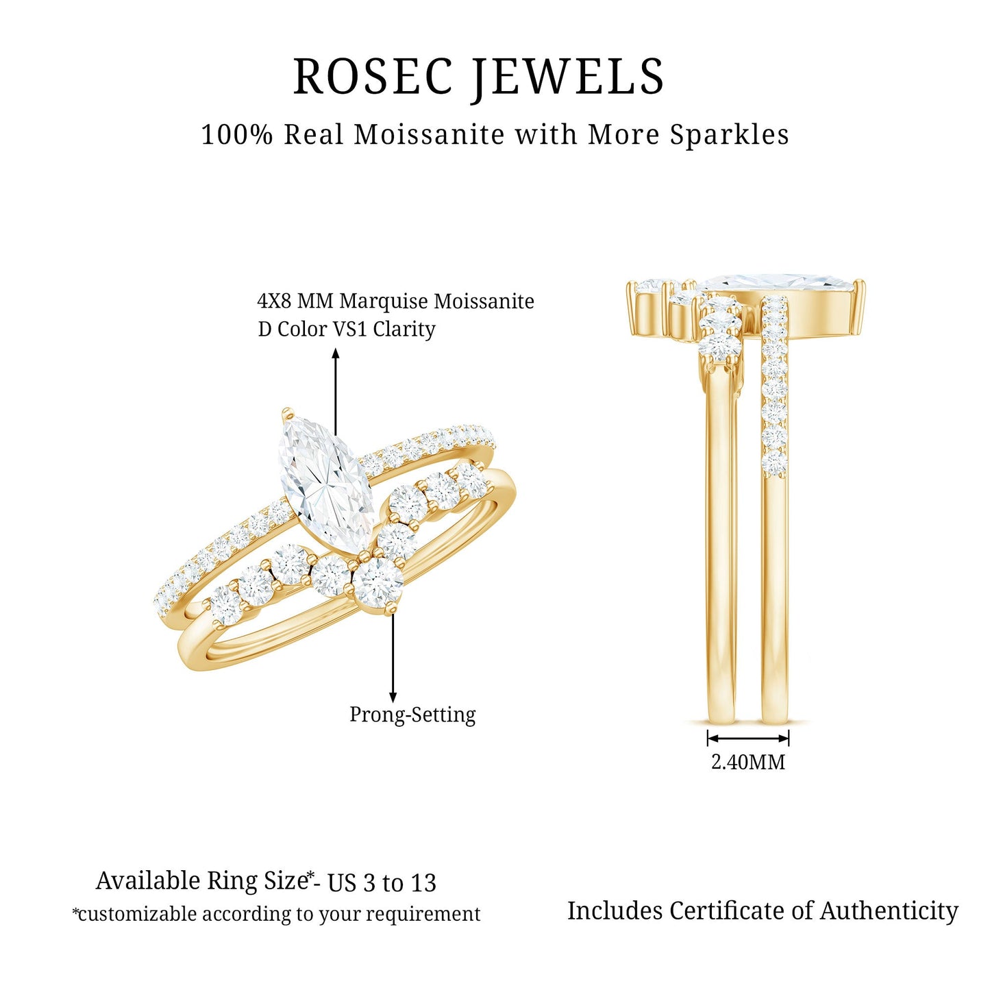 Anillo de compromiso de moissanita talla marquesa con alianza de boda en forma de V
