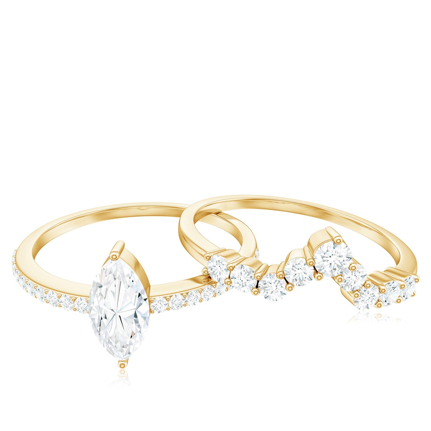 Anillo de compromiso de moissanita talla marquesa con alianza de boda en forma de V