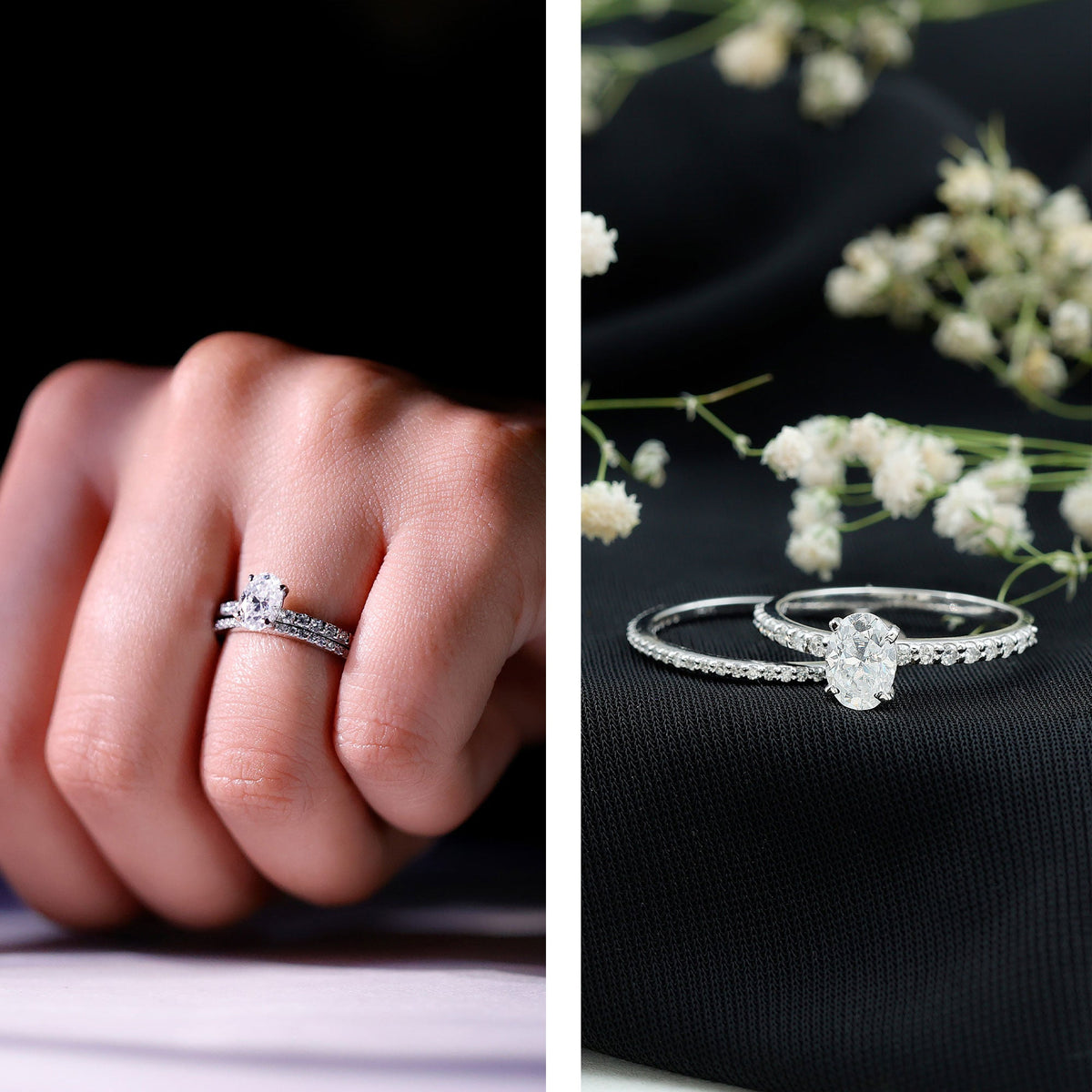 Anillo de compromiso de moissanita con forma ovalada con juego de alianzas de boda