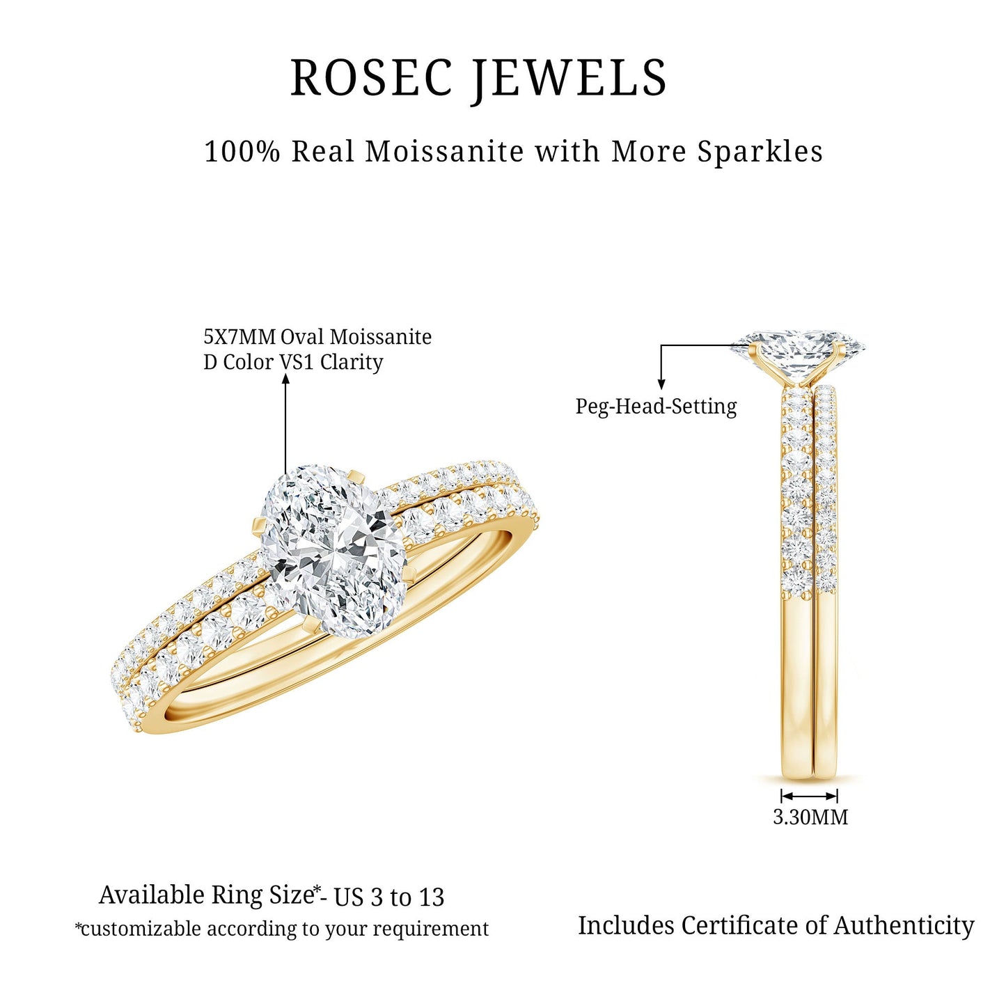Anillo de compromiso de moissanita con forma ovalada con juego de alianzas de boda