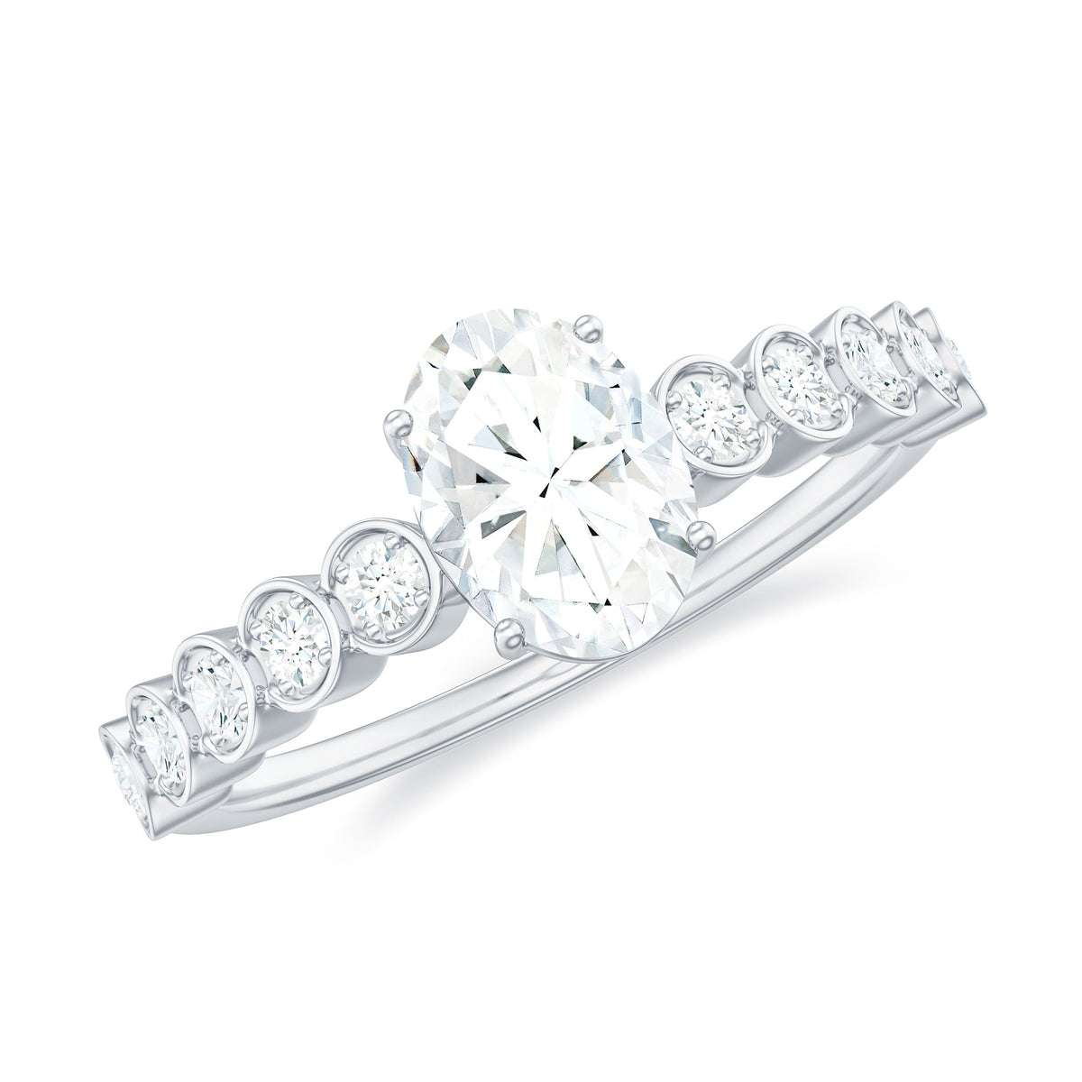 Certified Moissanite Oval Cut Engagement Ring with Side Stones