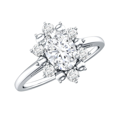 Certified Oval Moissanite Flower Halo Engagement Ring