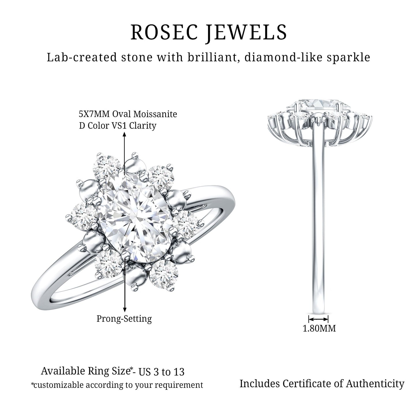 Certified Oval Moissanite Flower Halo Engagement Ring