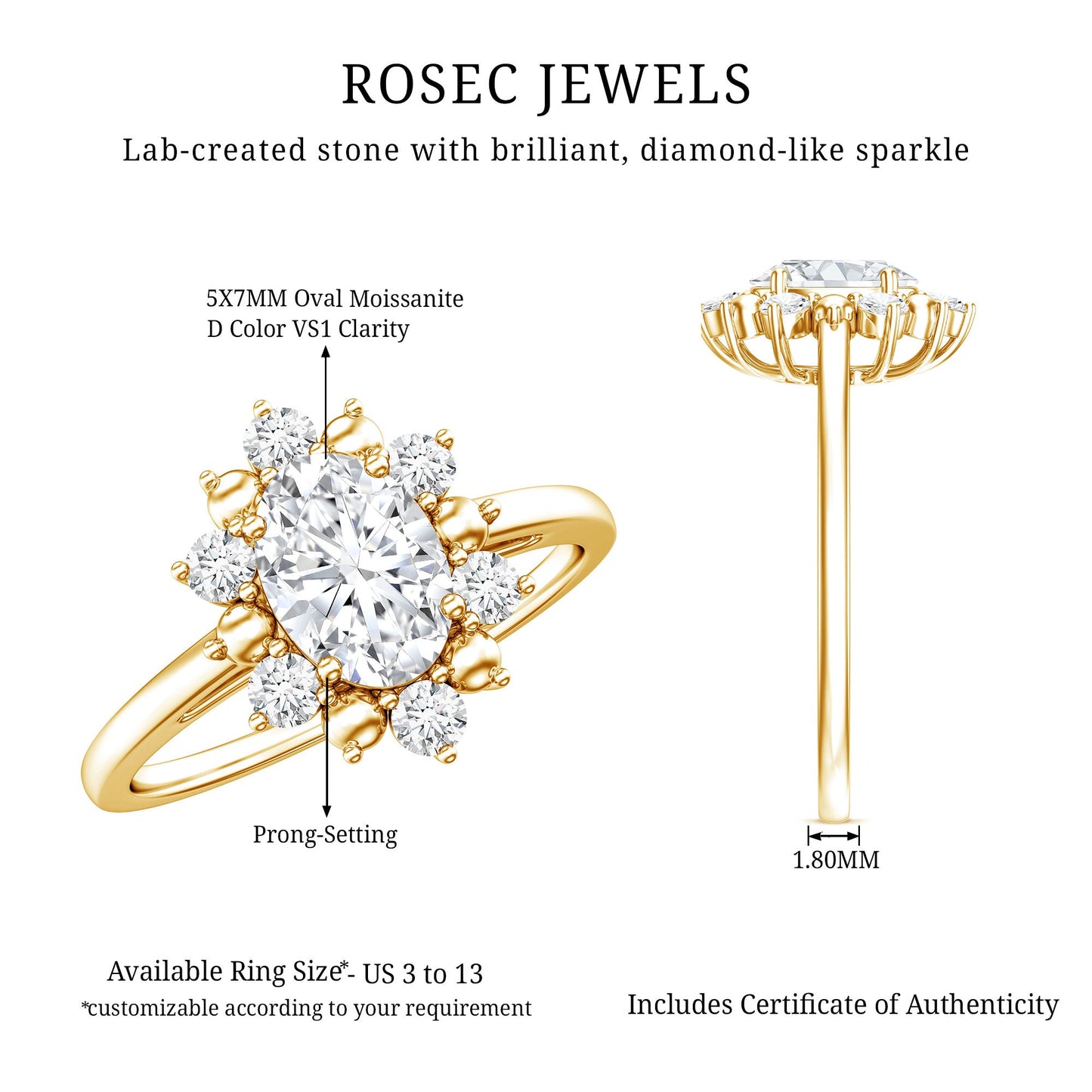Certified Oval Moissanite Flower Halo Engagement Ring