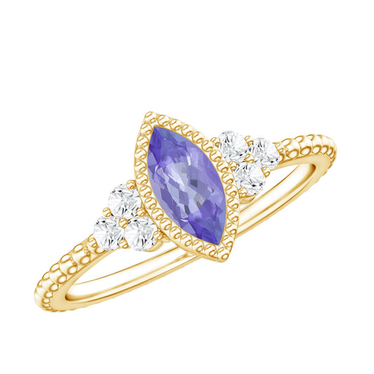 Anillo de Promesa de Tanzanita Marquesa Estilo Vintage con Trío de Diamantes