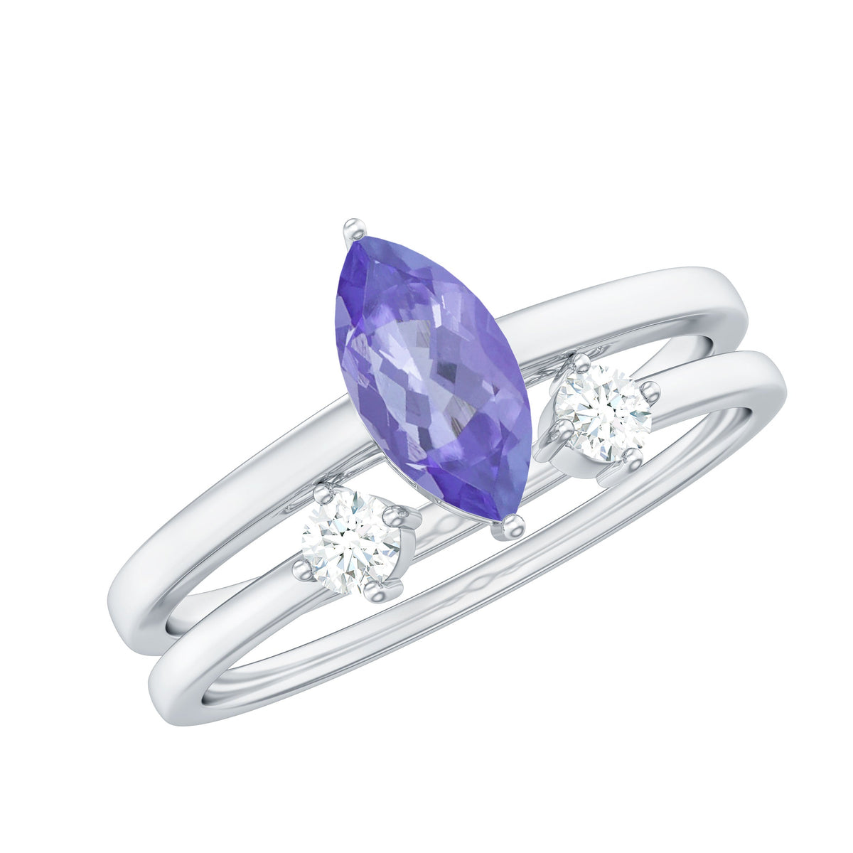 Juego de 2 Anillos de Promesa de Diamantes con Tanzanita Natural Marquesa de 0.6 Quilates