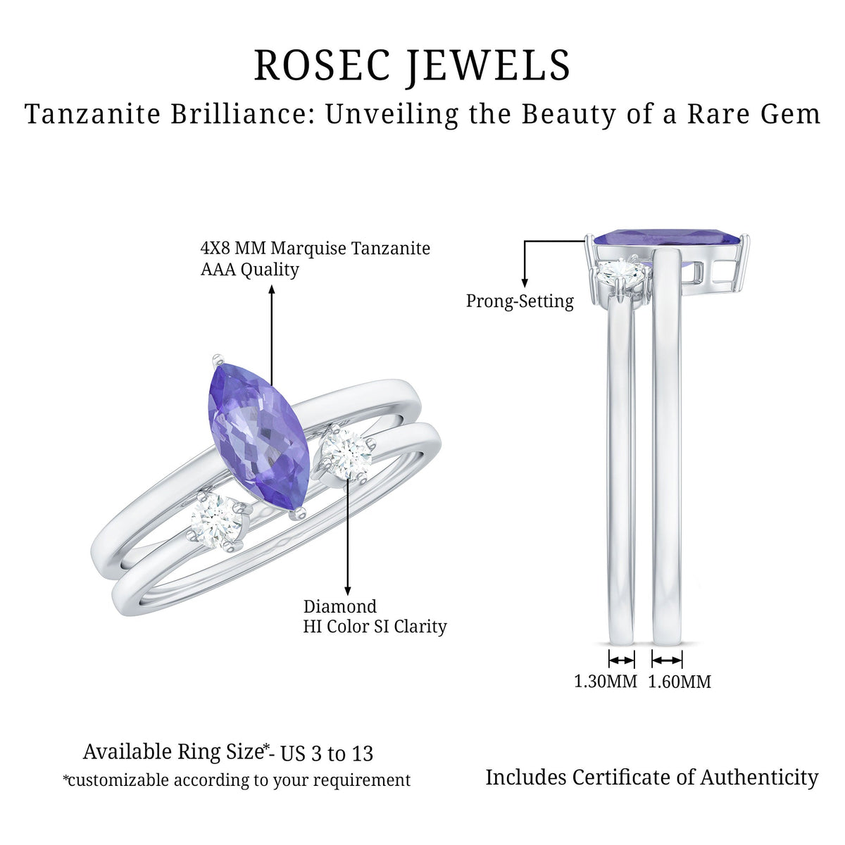Juego de 2 Anillos de Promesa de Diamantes con Tanzanita Natural Marquesa de 0.6 Quilates