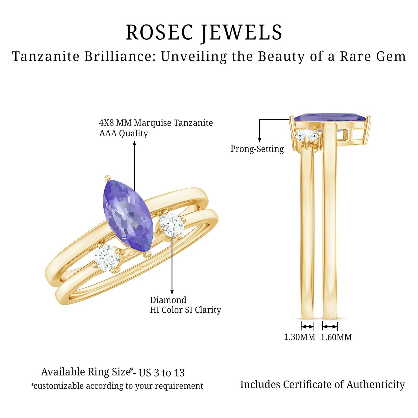 Juego de 2 Anillos de Promesa de Diamantes con Tanzanita Natural Marquesa de 0.6 Quilates
