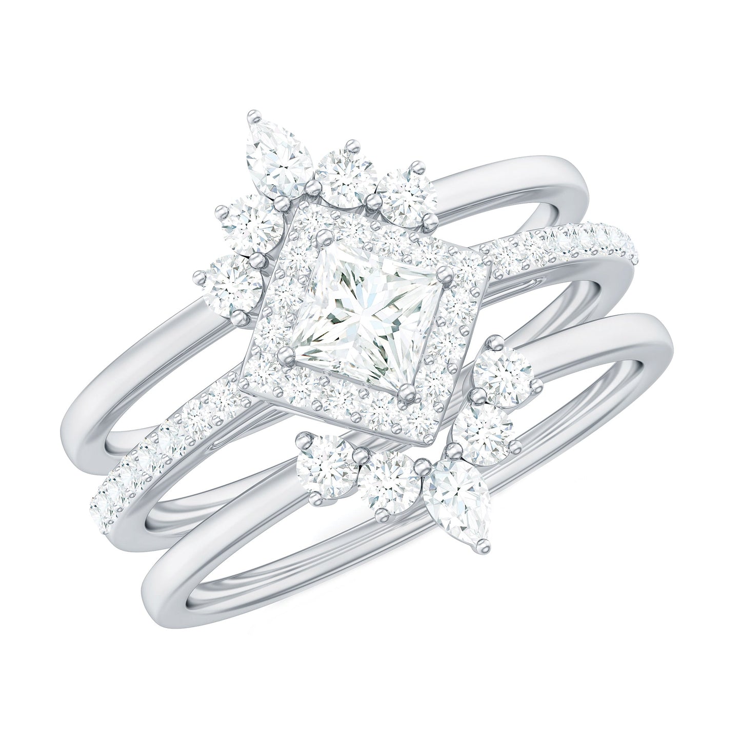 Juego de anillos de novia de tres piezas con moissanita de talla princesa con certificado