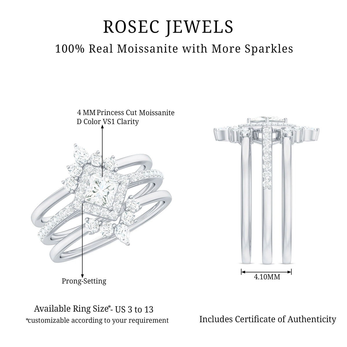 Juego de anillos de novia de tres piezas con moissanita de talla princesa con certificado