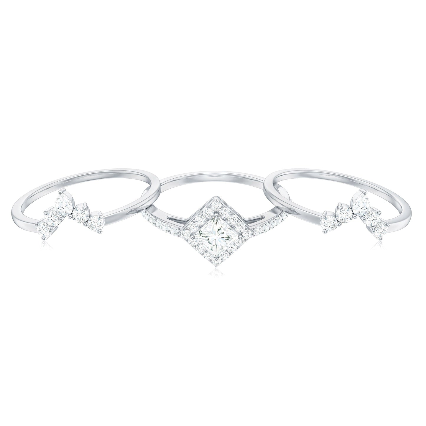 Juego de anillos de novia de tres piezas con moissanita de talla princesa con certificado