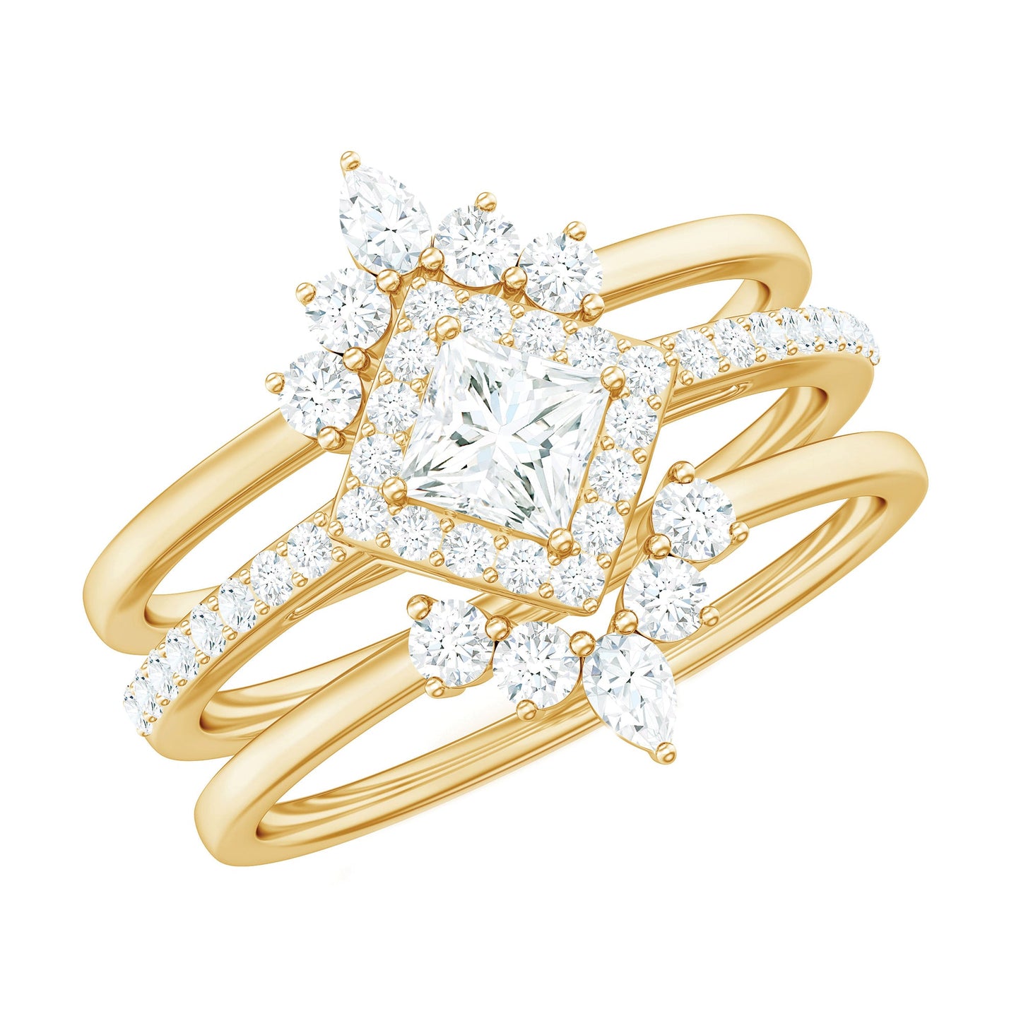 Juego de anillos de novia de tres piezas con moissanita de talla princesa con certificado
