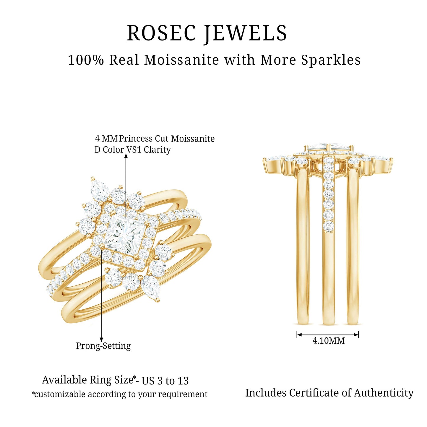 Juego de anillos de novia de tres piezas con moissanita de talla princesa con certificado