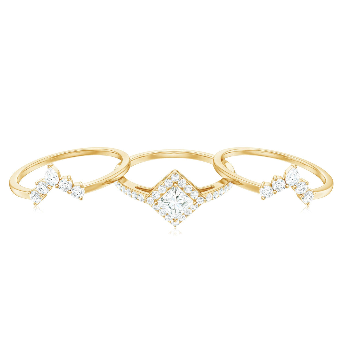 Juego de anillos de novia de tres piezas con moissanita de talla princesa con certificado
