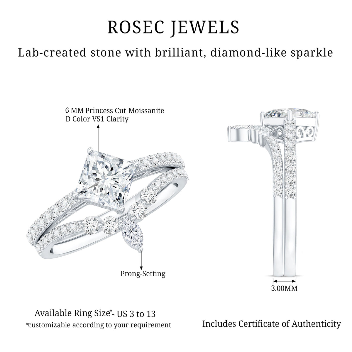 Princess Cut Moissanite Wedding Ring Set for Women