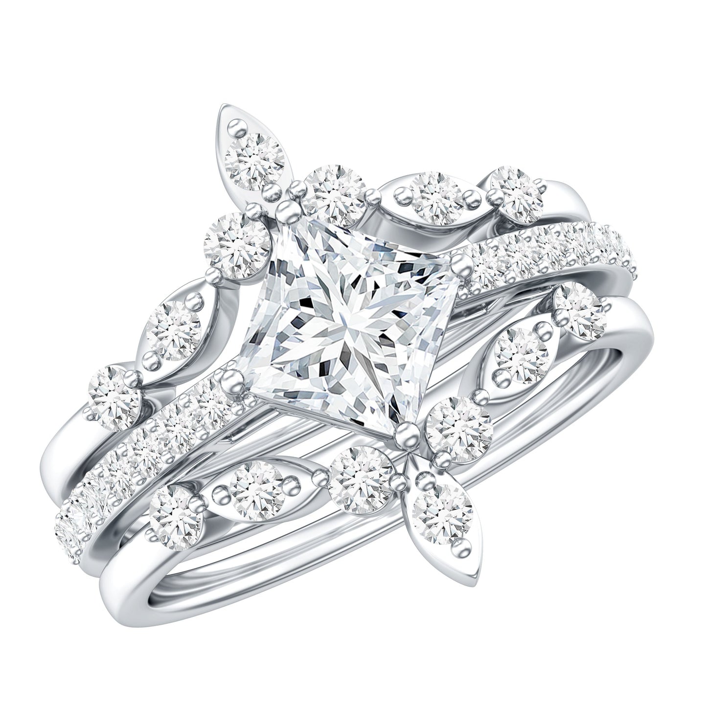 Classic Trio Bridal Ring Set with Princess and Round Cut Moissanites
