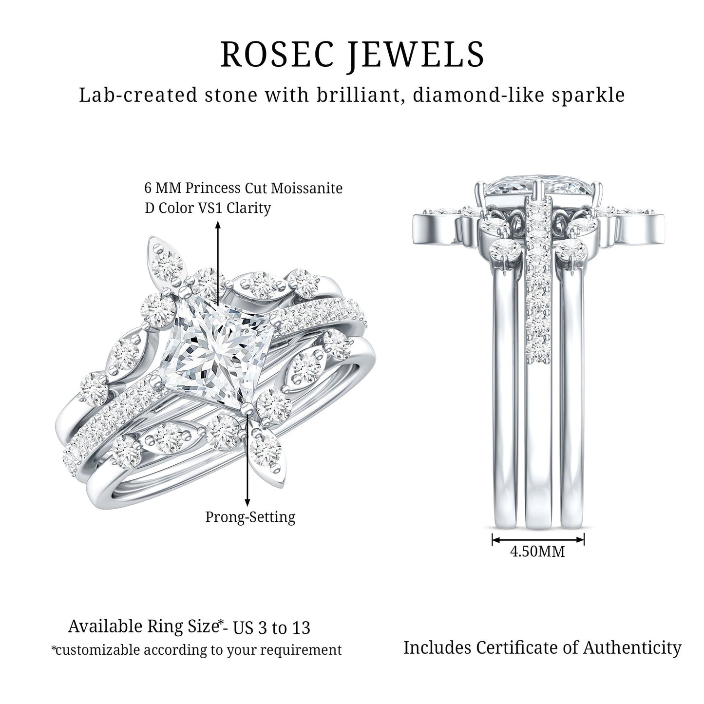 Classic Trio Bridal Ring Set with Princess and Round Cut Moissanites